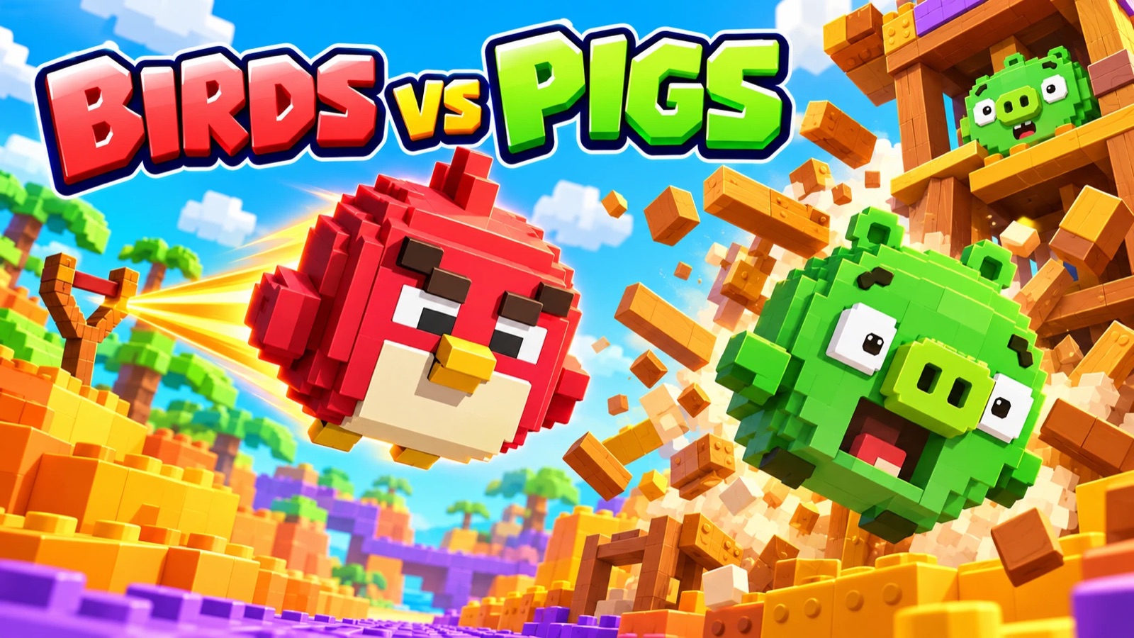 Birds vs Pigs key art: a red voxel bird flies from a slingshot into a green pig as a wooden fort breaks apart.
