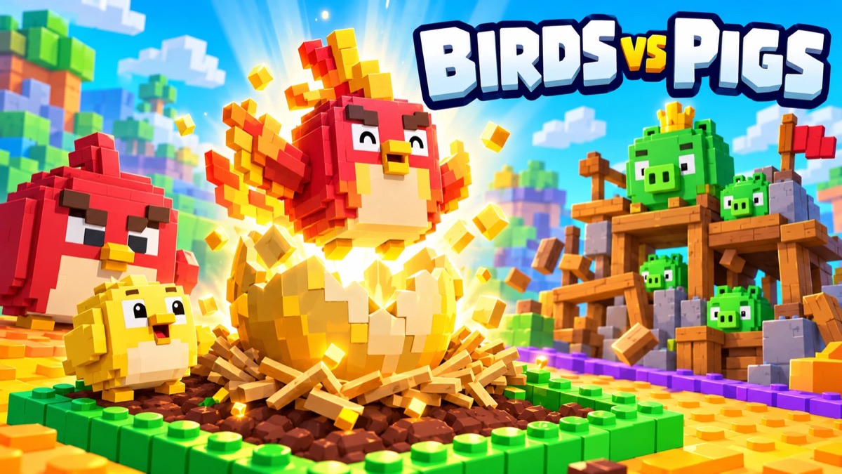 A golden egg cracks open in a nest as a fiery bird bursts out, with other birds and a pig fort around it.